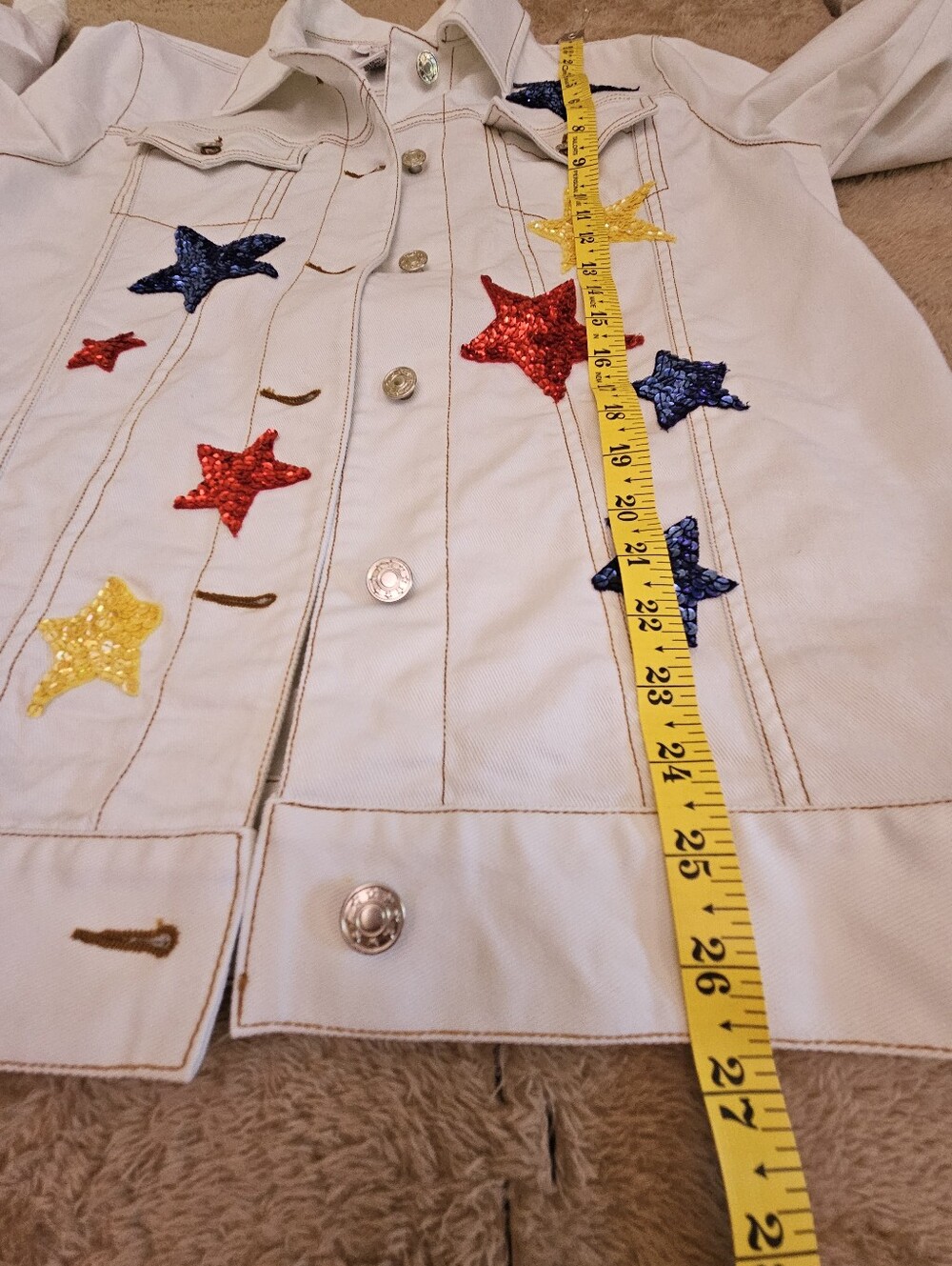 Rare Vintage Diane Essentials White Collared Jean Jacket with Sequin Stars Sz M - Picture 5 of 8